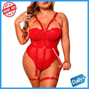Plus Size Sheer Mesh Teddy Bodysuit Garter Lingerie Set Floral Lace Y2K